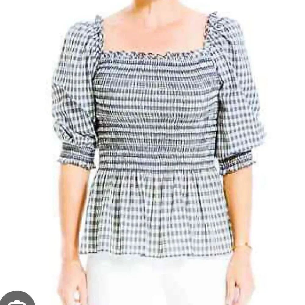 Max Studio NWT blue gingham smocked bust blouse M